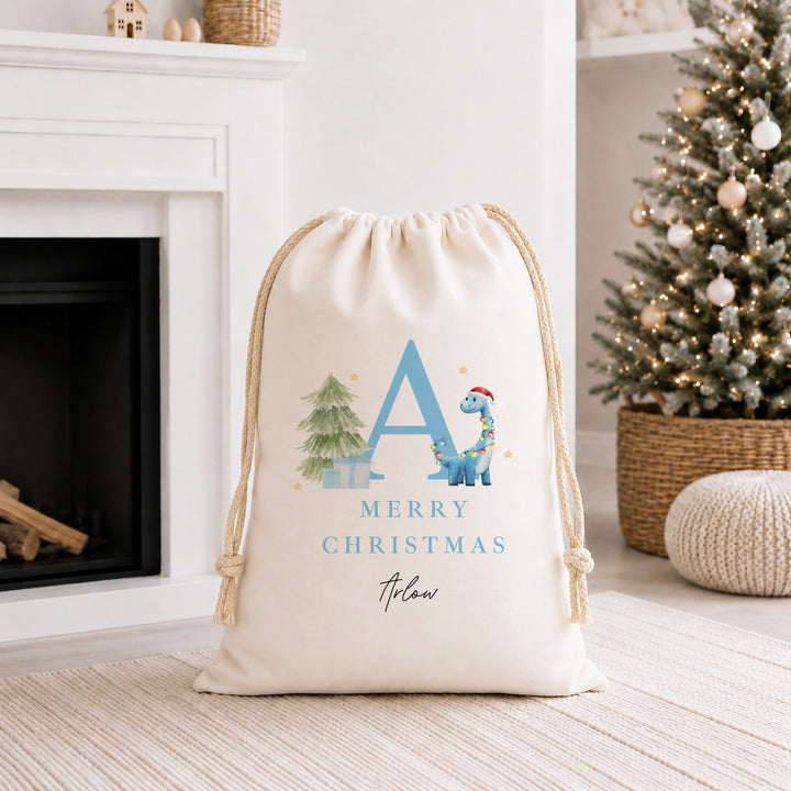 Personalised Merry Christmas Dinosaur Canvas Santa Sack