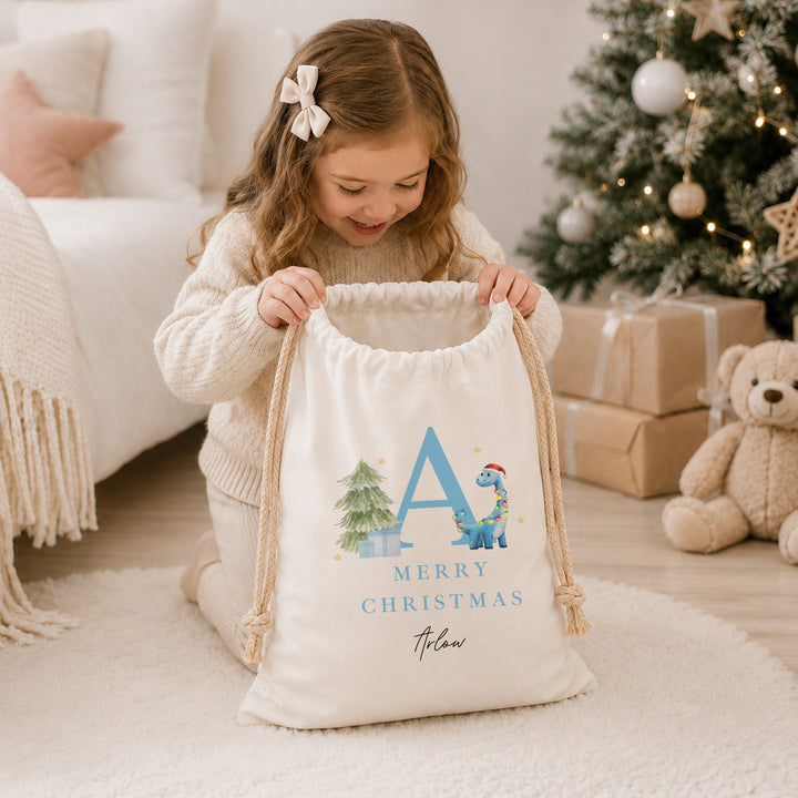 Personalised Merry Christmas Dinosaur Canvas Santa Sack