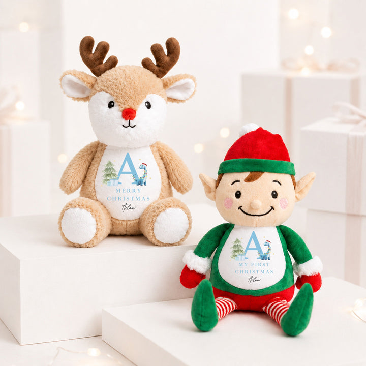 Personalised Blue Dinosaur Initial Christmas Soft Toy