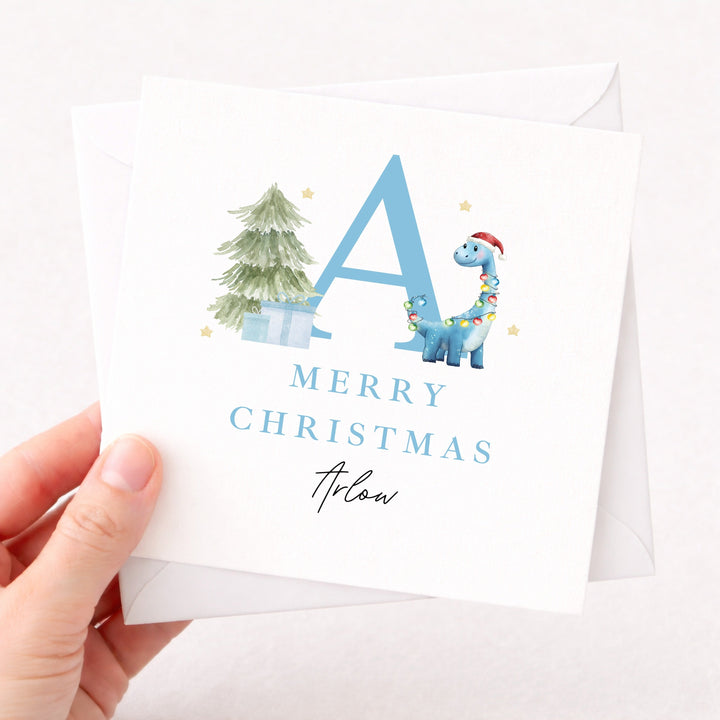 Personalised Blue Dinosaur Initial Merry Christmas Card