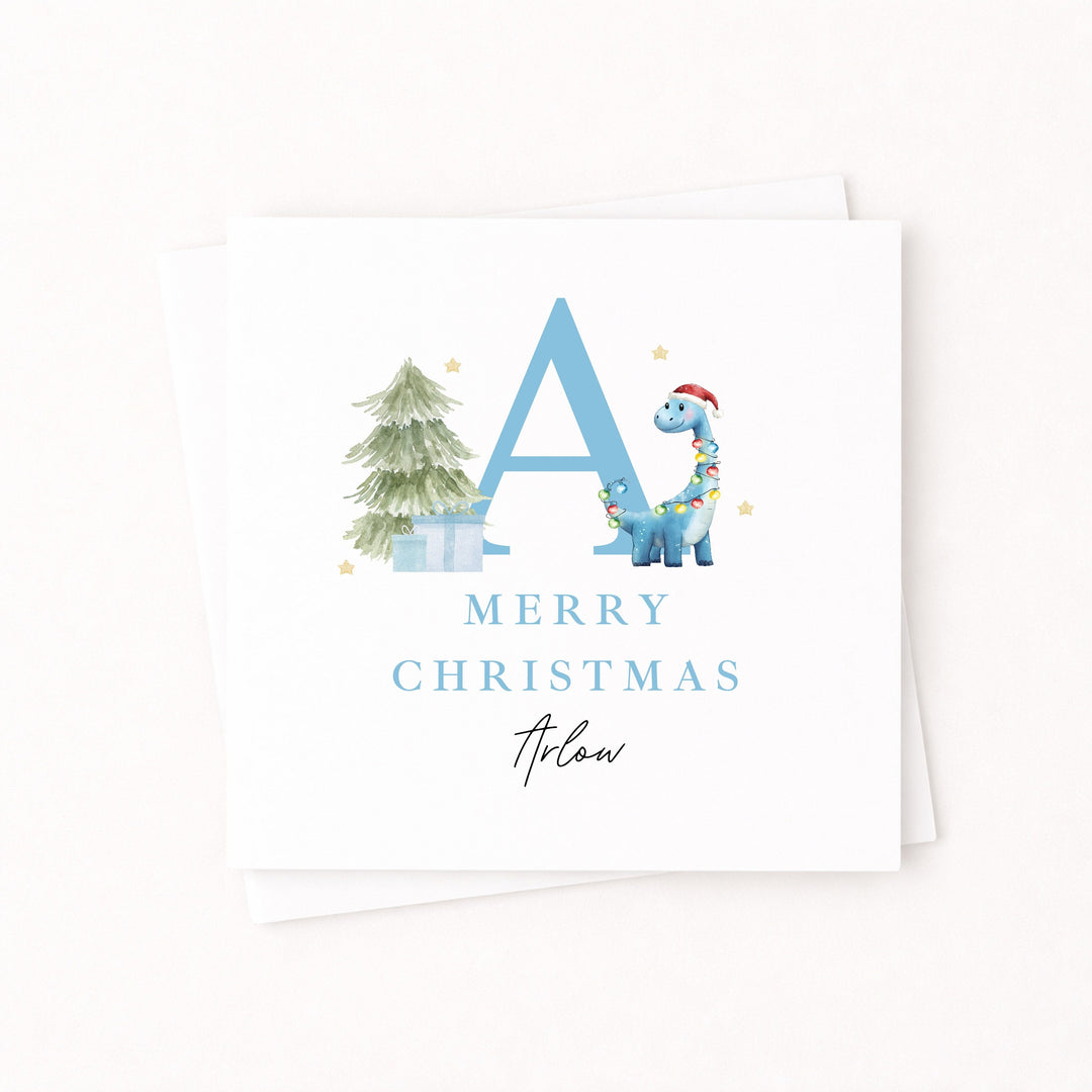 Personalised Blue Dinosaur Initial Merry Christmas Card