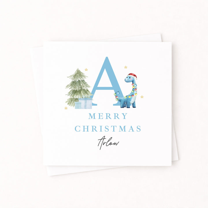 Personalised Blue Dinosaur Initial Merry Christmas Card