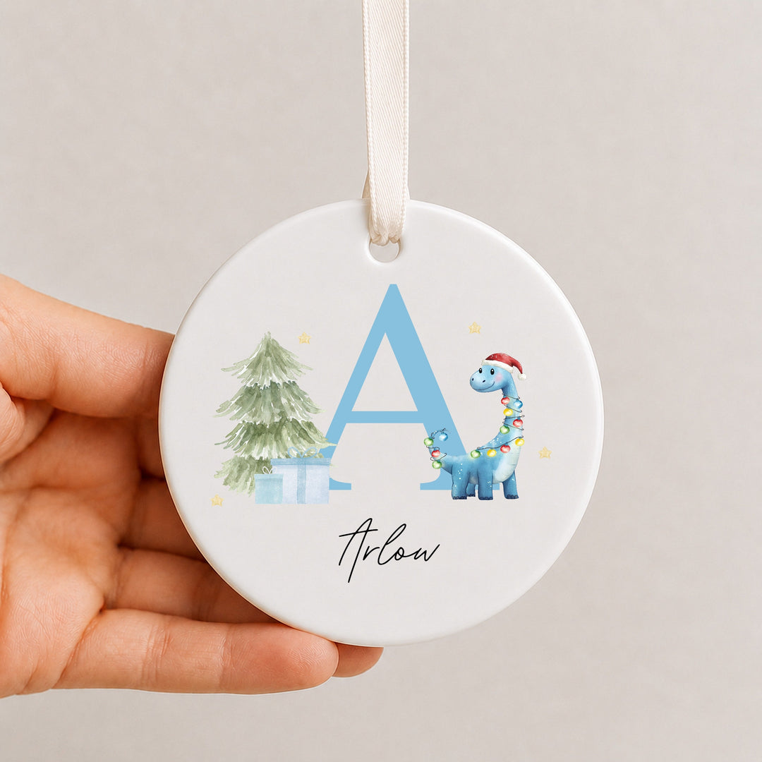Personalised Blue Dinosaur Initial Ceramic Christmas Ornament