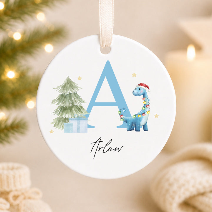 Personalised Blue Dinosaur Initial Ceramic Christmas Ornament