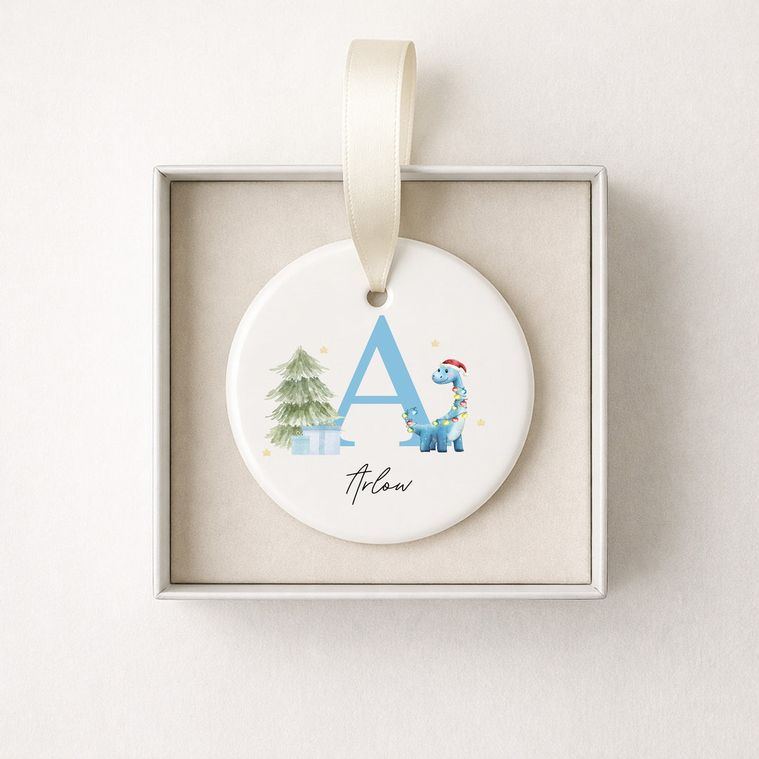 Personalised Blue Dinosaur Initial Ceramic Christmas Ornament