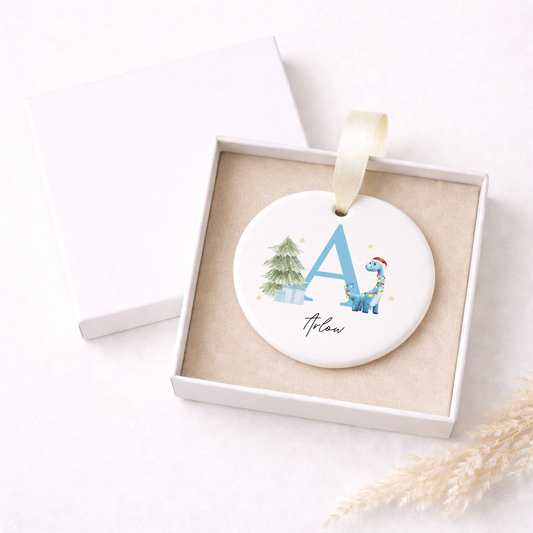Personalised Blue Dinosaur Initial Ceramic Christmas Ornament