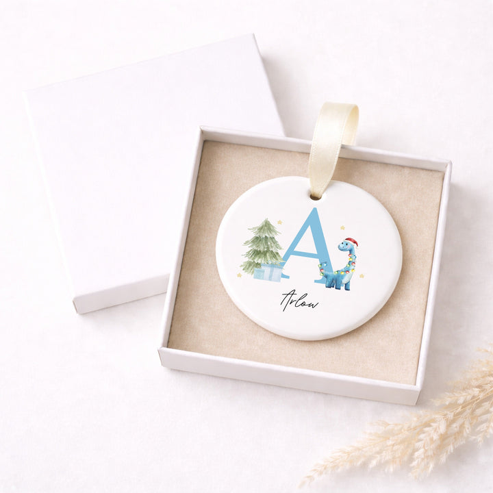 Personalised Blue Dinosaur Initial Ceramic Christmas Ornament