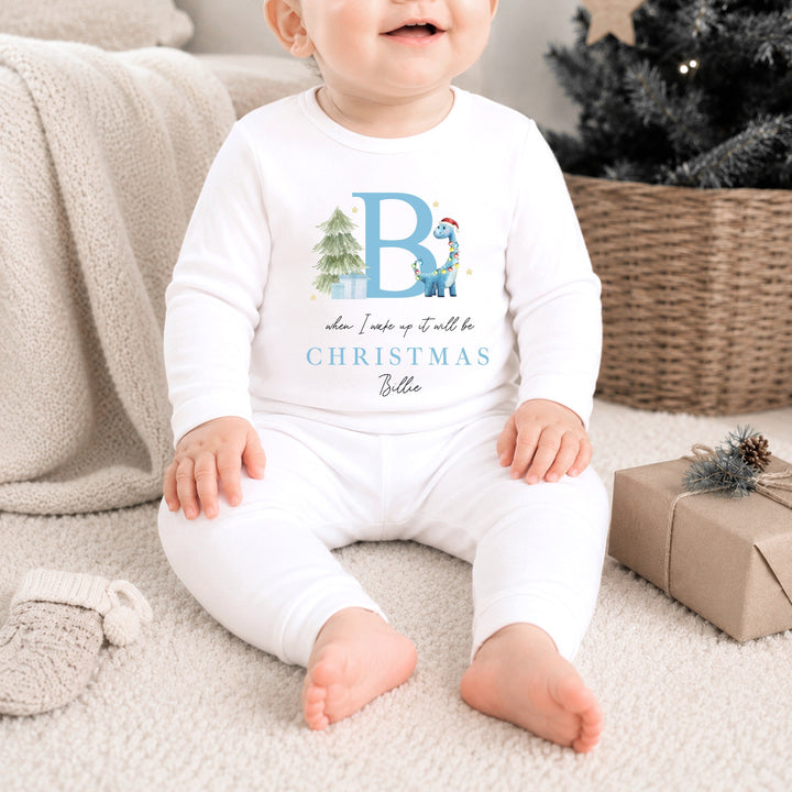 Personalised Blue Dinosaur Initial Christmas Pyjamas