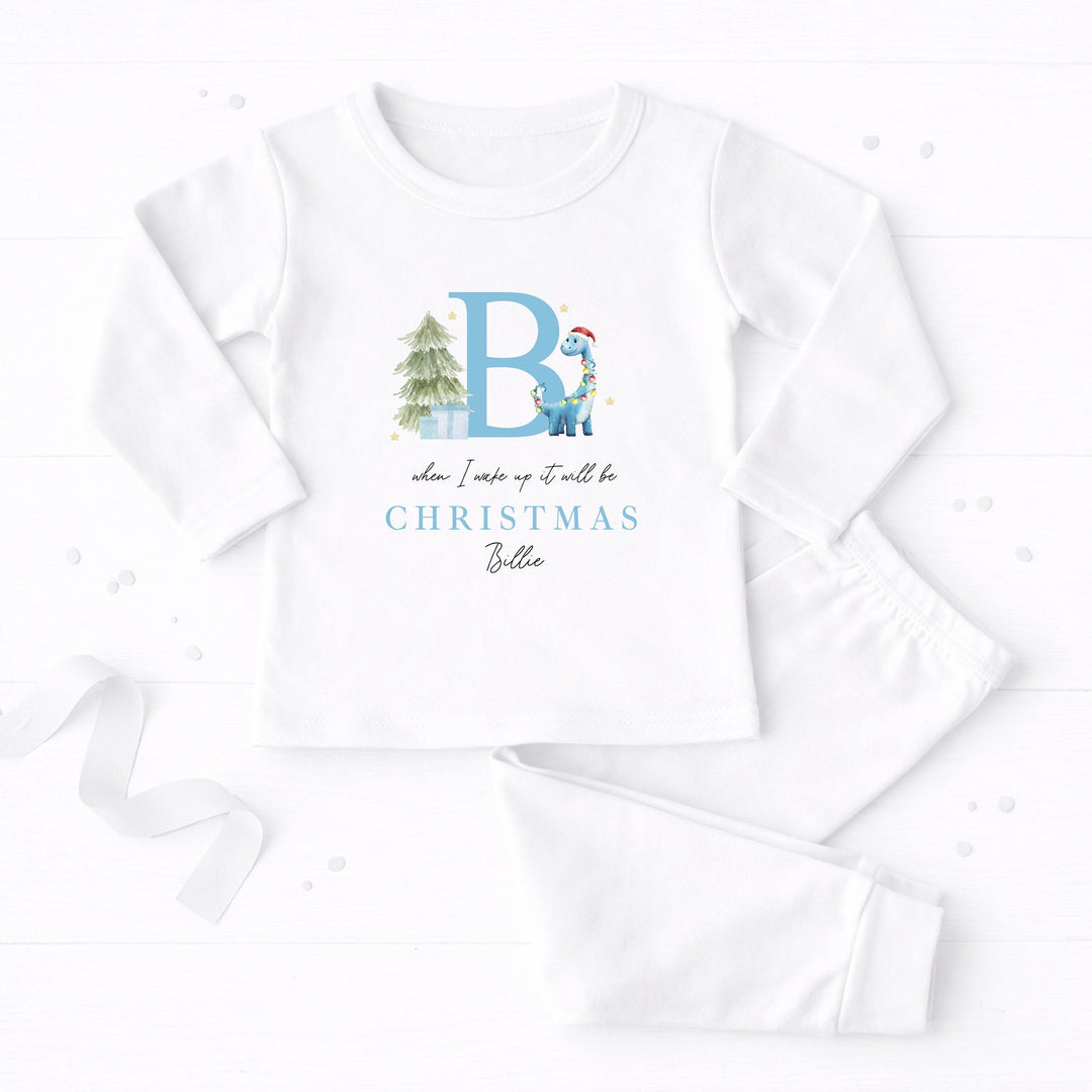Personalised Blue Dinosaur Initial Christmas Pyjamas