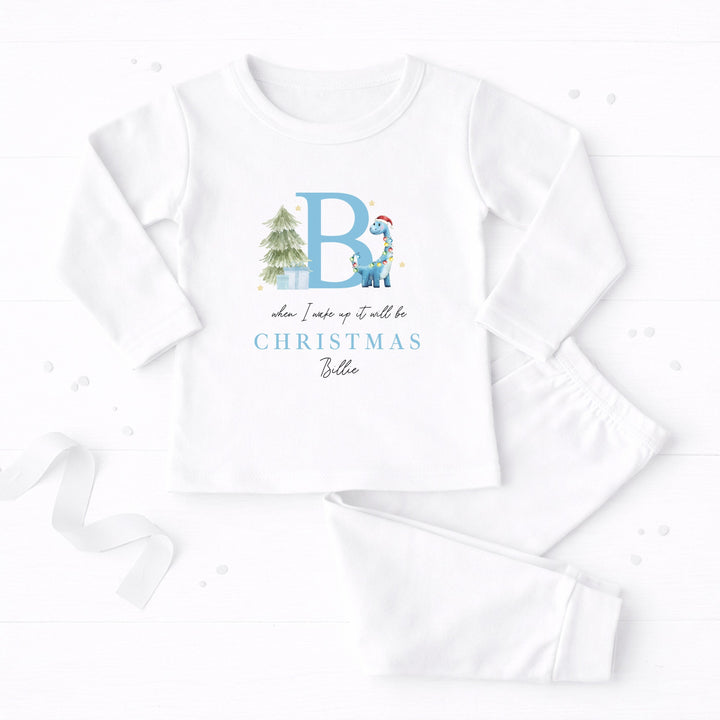 Personalised Blue Dinosaur Initial Christmas Pyjamas