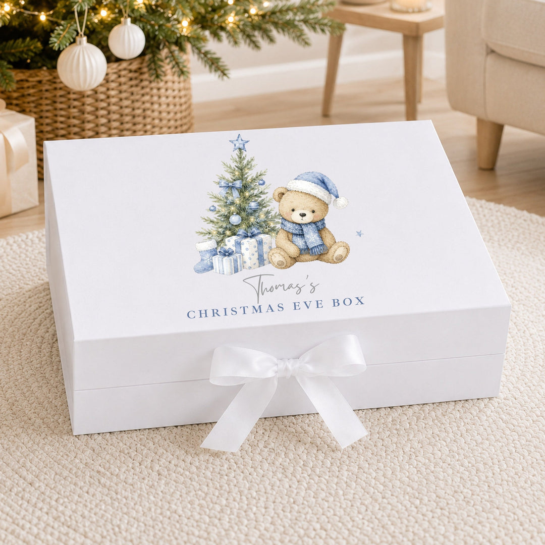 Personalised Blue Bear Tree Christmas Eve Box