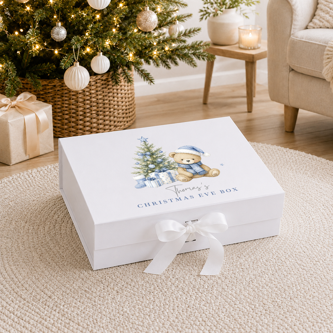 Personalised Blue Bear Tree Christmas Eve Box