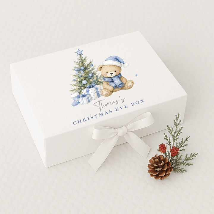 Personalised Blue Bear Tree Christmas Eve Box