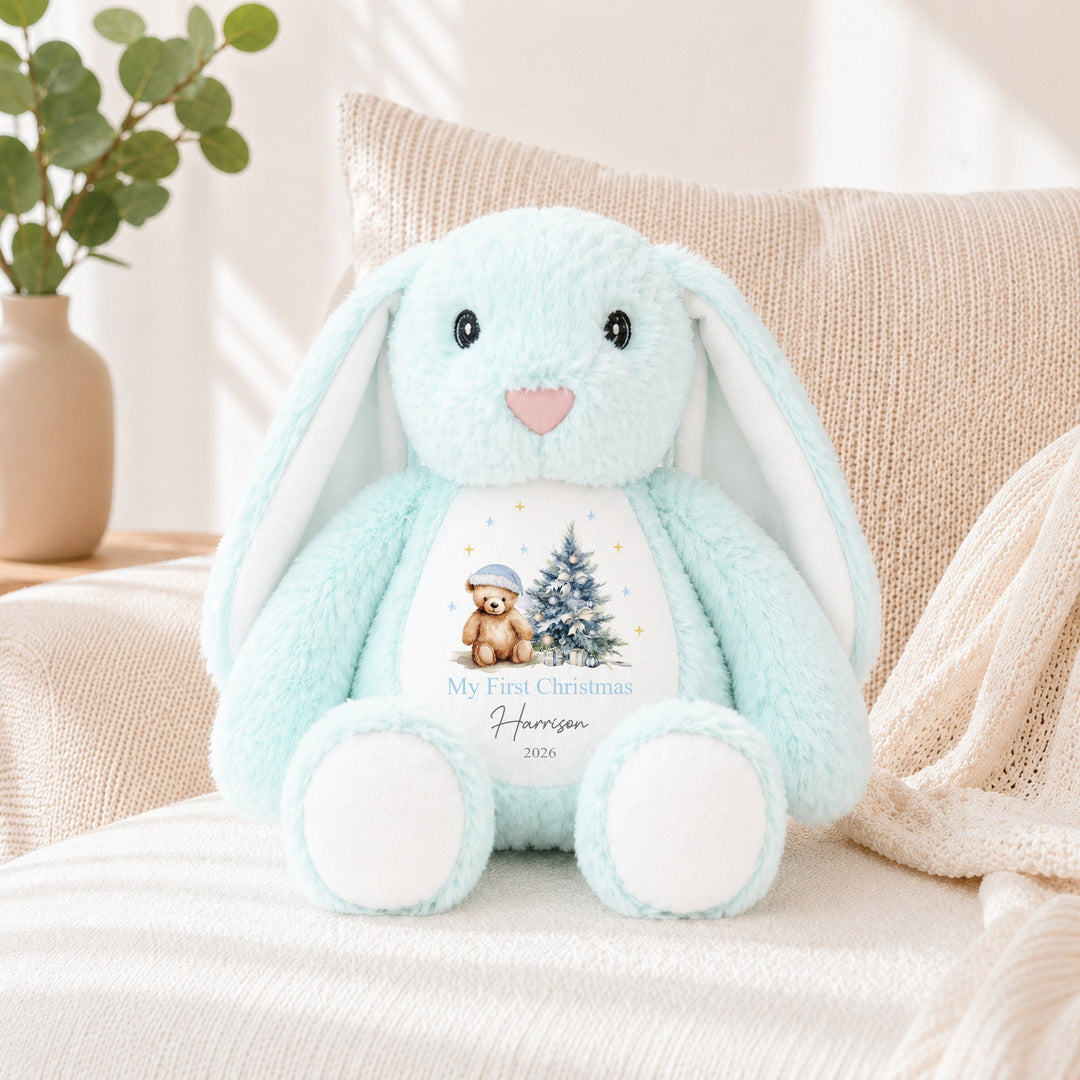 Personalised Blue Teddy Tree Christmas Soft Toy