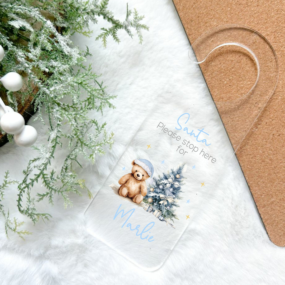 Personalised Blue Teddy Santa Stop Here Door Sign