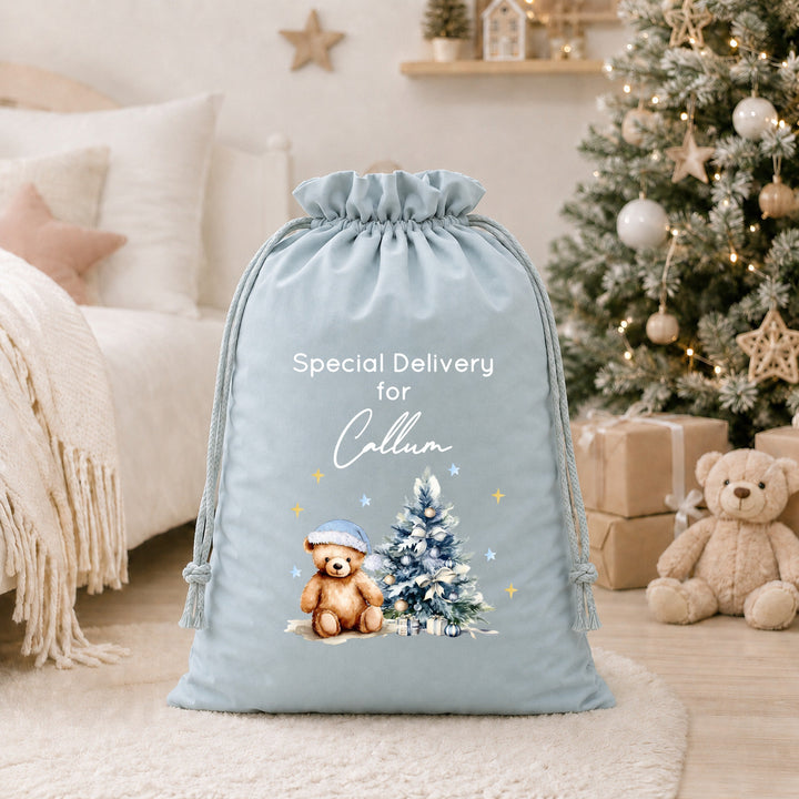 Personalised Blue Teddy Christmas Tree Santa Sack or Stocking