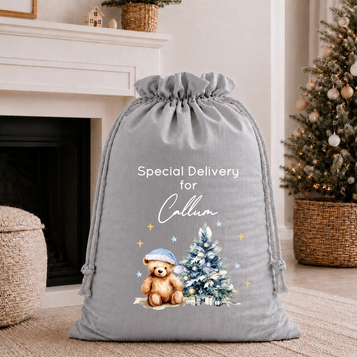 Personalised Blue Teddy Christmas Tree Santa Sack or Stocking