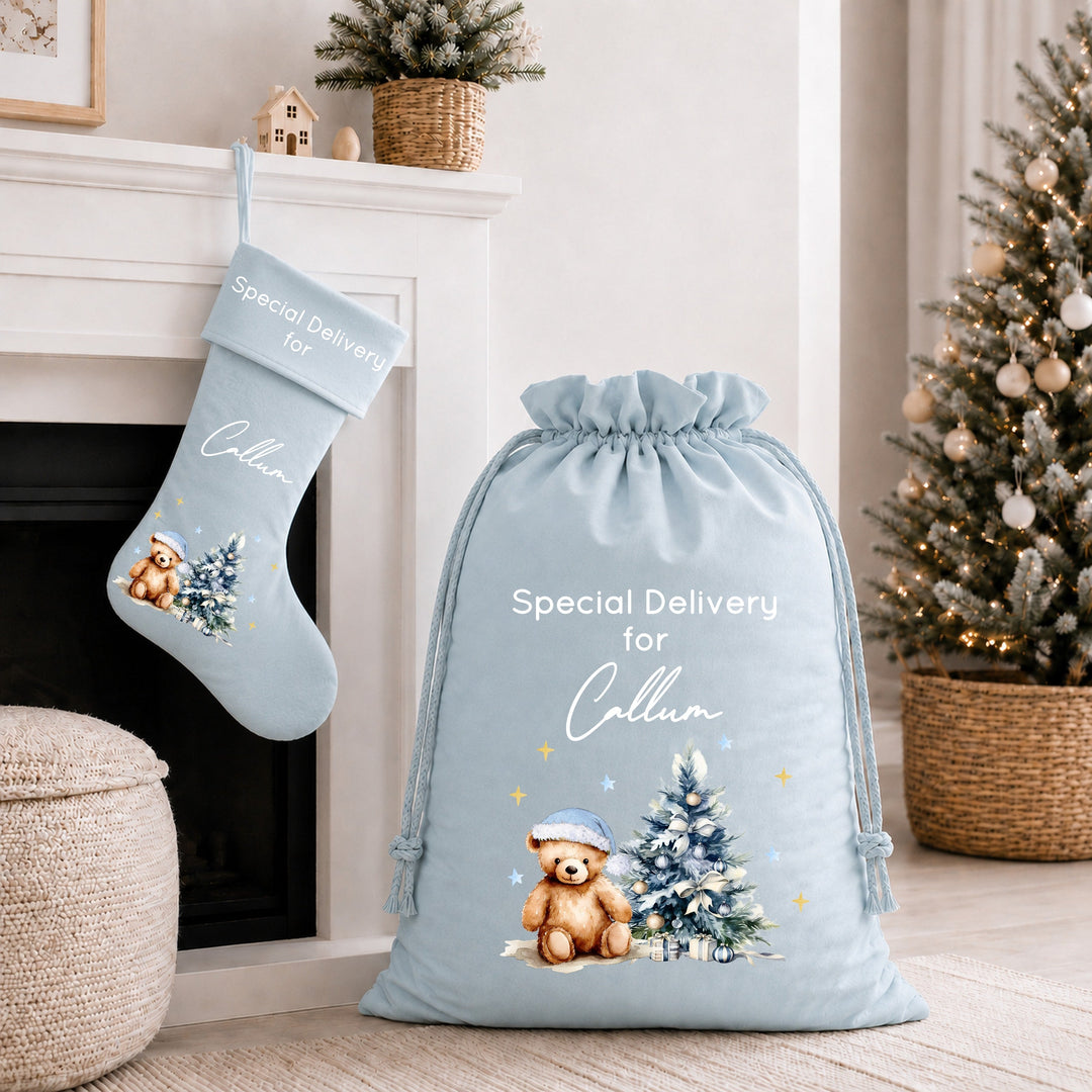 Personalised Blue Teddy Christmas Tree Santa Sack or Stocking