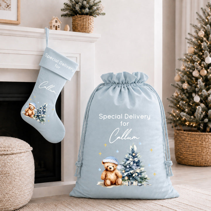 Personalised Blue Teddy Christmas Tree Santa Sack or Stocking