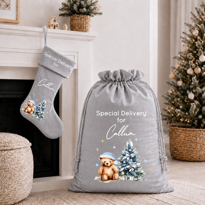Personalised Blue Teddy Christmas Tree Santa Sack or Stocking