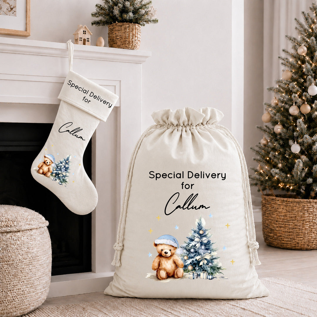 Personalised Blue Teddy Christmas Tree Santa Sack or Stocking