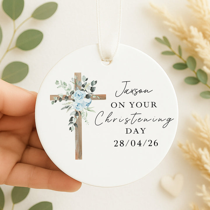 Personalised Blue Cross Christening Gift Ornament
