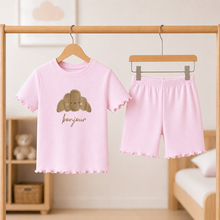 Croissant Girls Frilly Ribbed Shorts Set