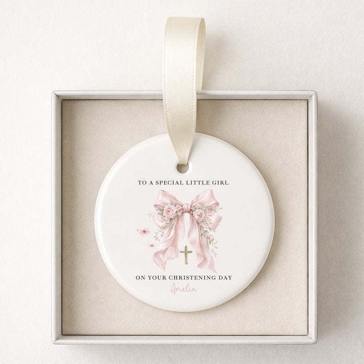 Personalised Pink Bow Christening Gift Ornament