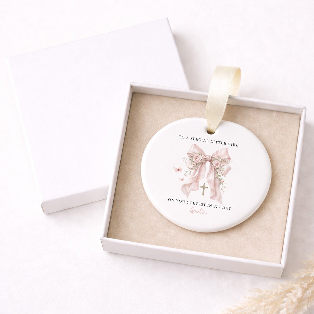 Personalised Pink Bow Christening Gift Ornament
