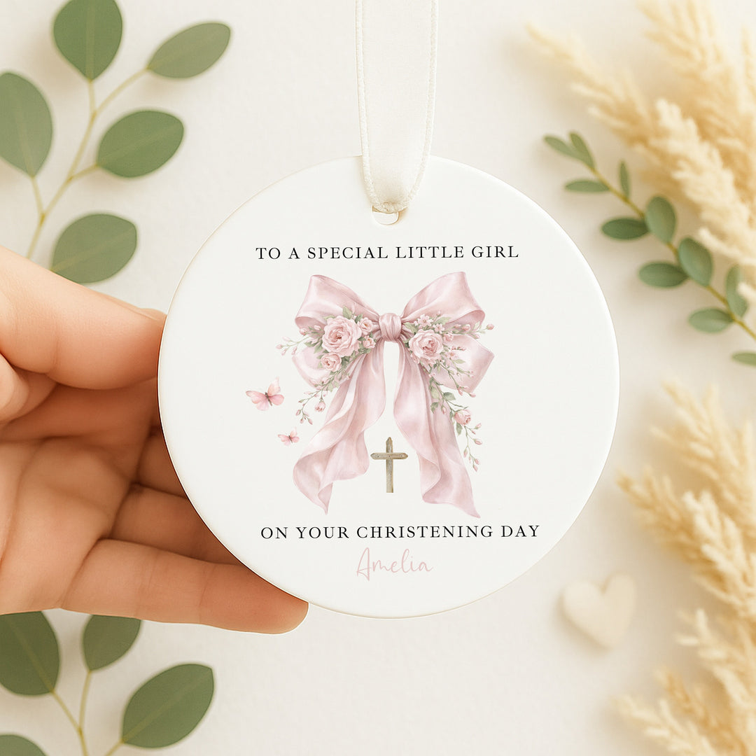 Personalised Pink Bow Christening Gift Ornament