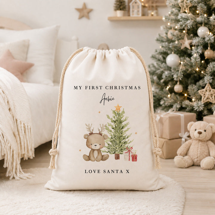 Personalised Merry Christmas Bear Reindeer Tree Canvas Santa Sack