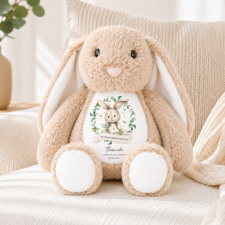 Personalised Bunny Wreath Christening Day Soft Toy