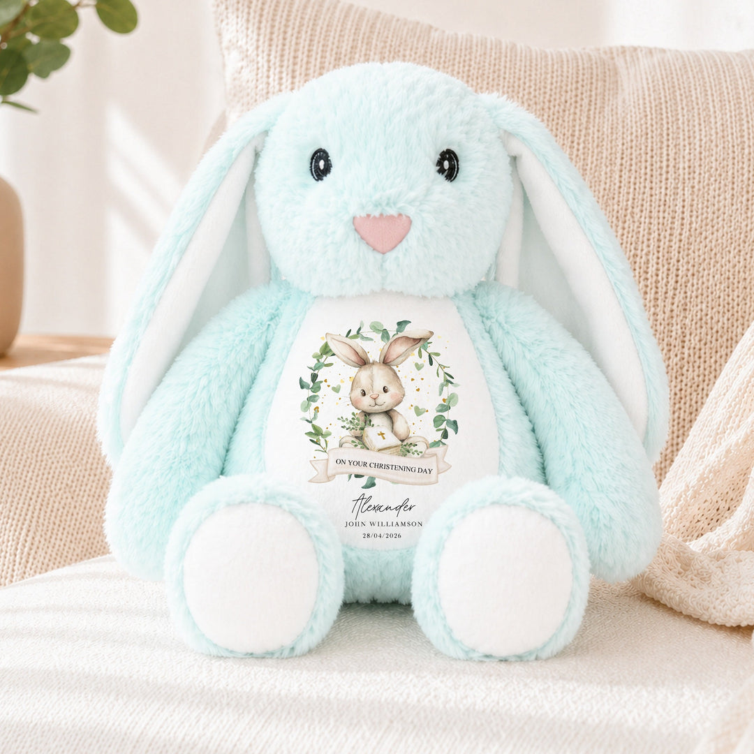 Personalised Bunny Wreath Christening Day Soft Toy