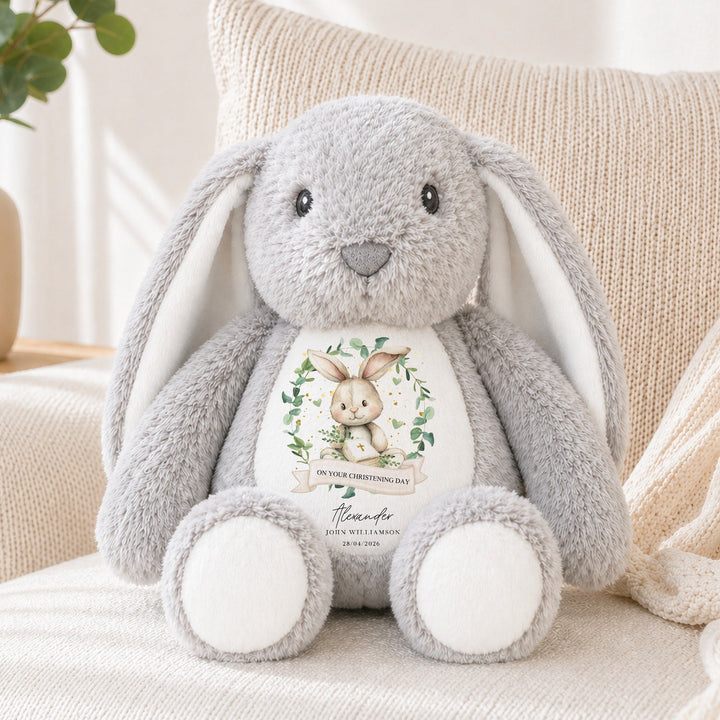Personalised Bunny Wreath Christening Day Soft Toy