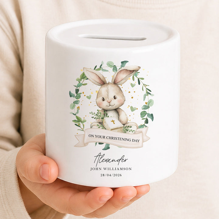 Personalised Money Box Bunny Wreath Christening Gift