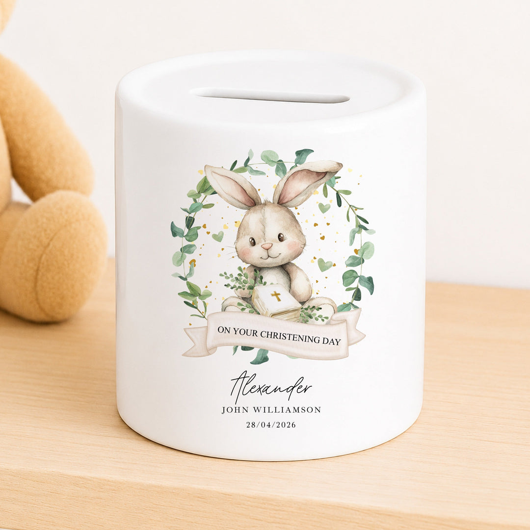 Personalised Money Box Bunny Wreath Christening Gift