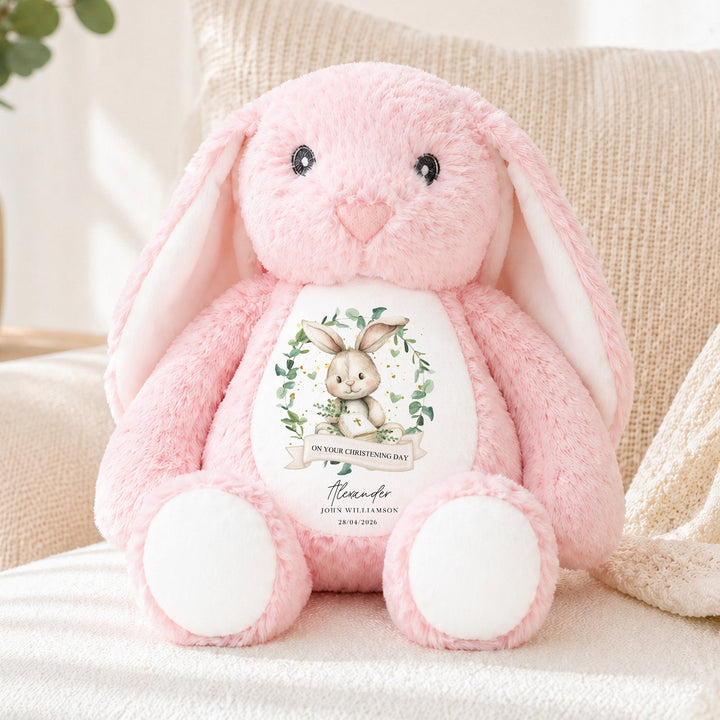 Personalised Bunny Wreath Christening Day Soft Toy