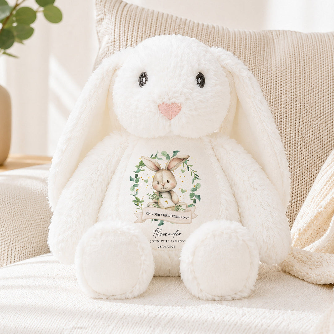 Personalised Bunny Wreath Christening Day Soft Toy