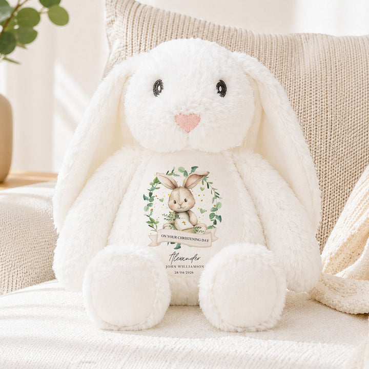 Personalised Bunny Wreath Christening Day Soft Toy