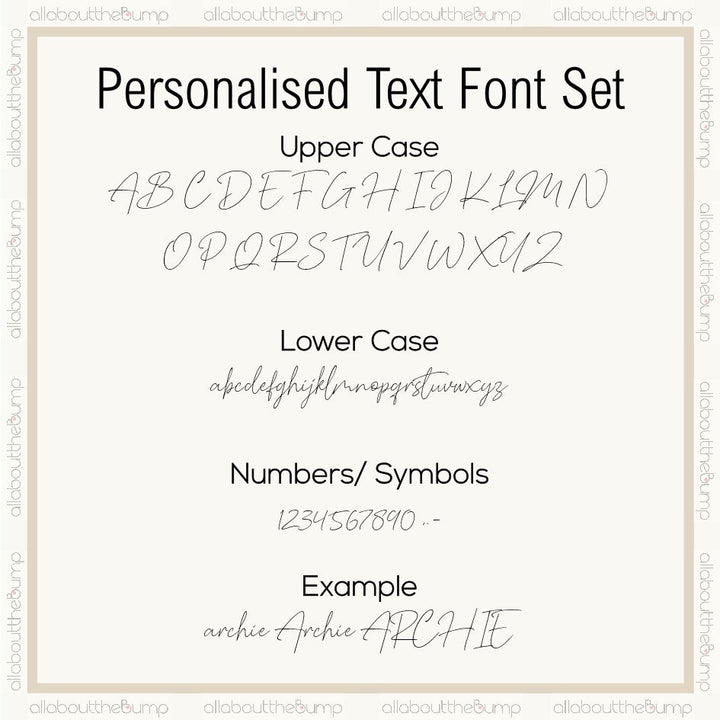 Personalised text font set with upper and lower case letters, numbers, and symbols on a white background.