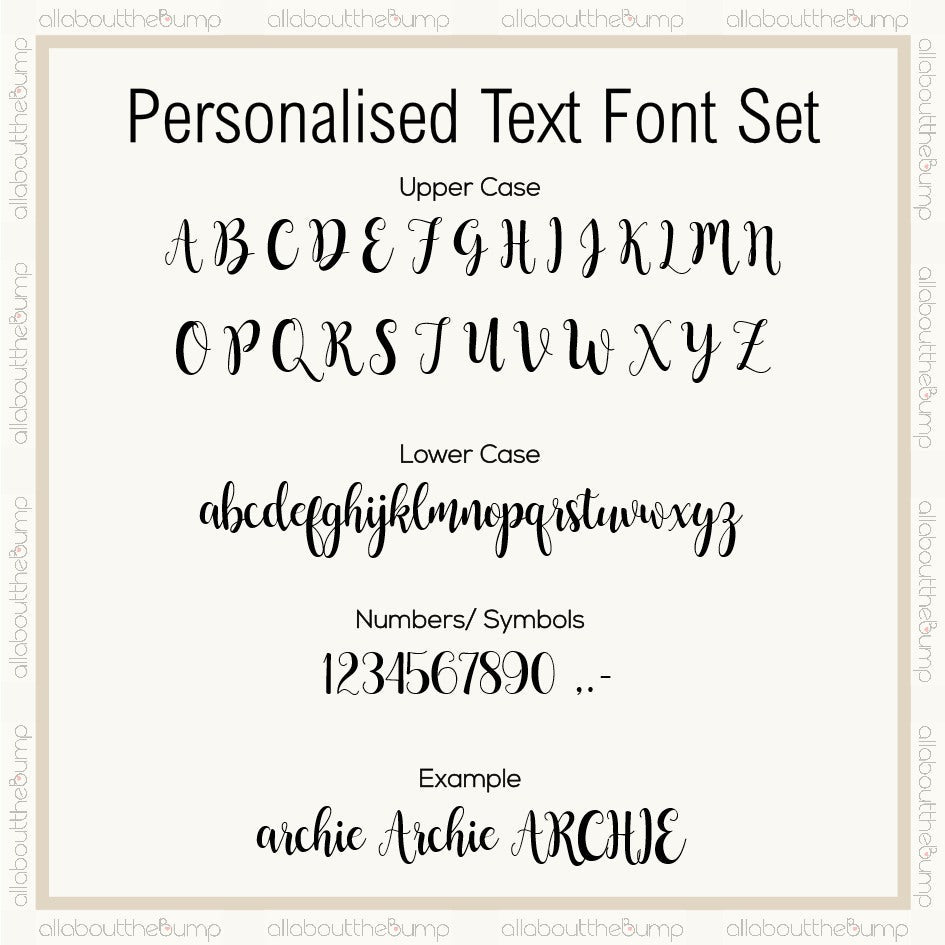 Personalised text font set with uppercase, lowercase letters, numbers, and symbols on a white background.