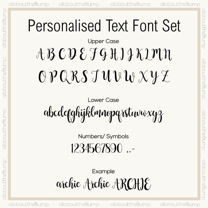 Personalised text font set with uppercase, lowercase letters, numbers, and symbols on a white background.