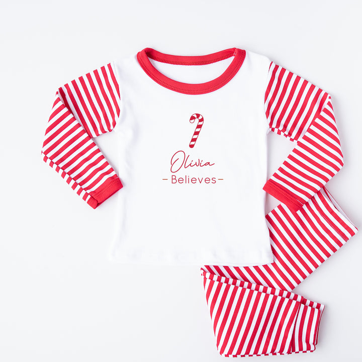 Personalised Candy Cane Believes Christmas Pyjamas