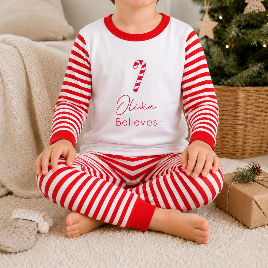 Personalised Candy Cane Believes Christmas Pyjamas