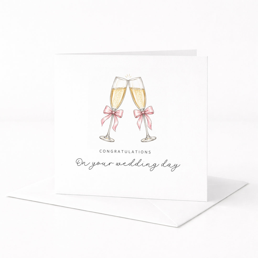 Pink Champagne Flutes Wedding Day Card
