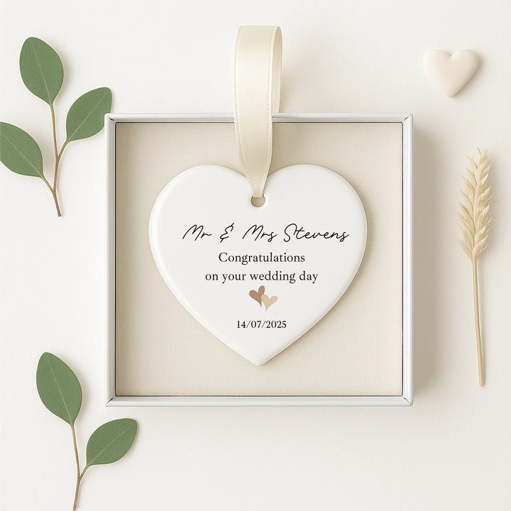 Personalised Beige Hearts Mr &amp; Mrs Wedding Day Gift Ornament