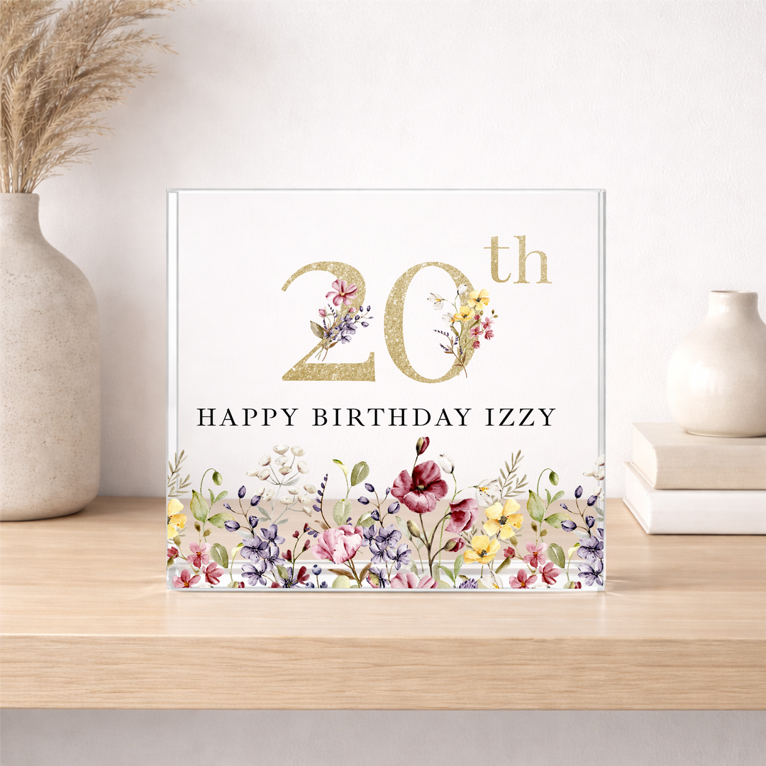 Personalised Acrylic Block Wild Flower 20th Birthday Gift