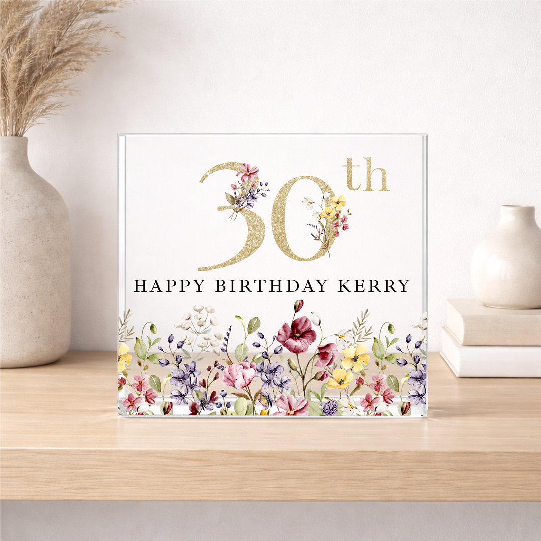 Personalised Wild Flower Acrylic Block 30th Birthday Gift
