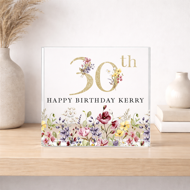 Personalised Wild Flower Acrylic Block 30th Birthday Gift