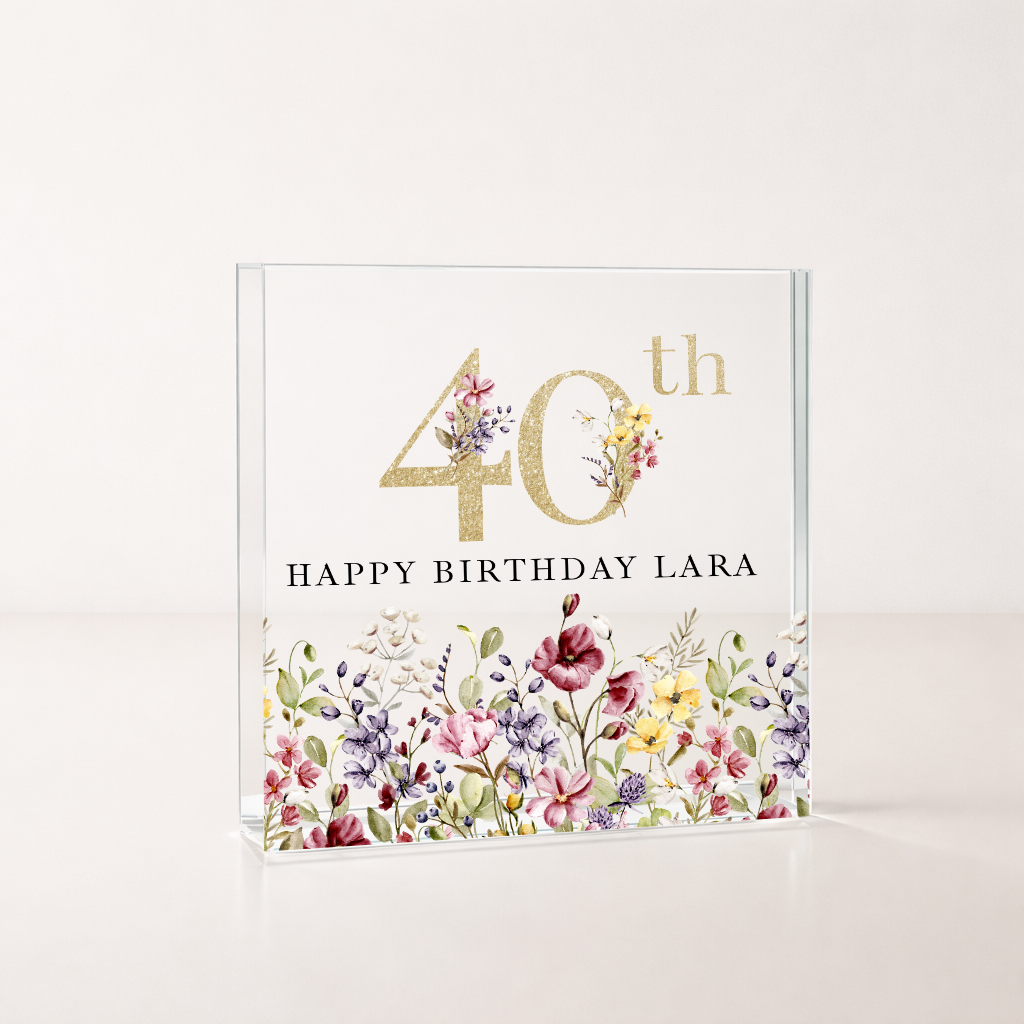 Personalised Acrylic Block Wild Flower 40th Birthday Gift